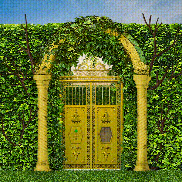 Beautiful, ornate golden gates open into a lush green garden in the Emerald Palace.